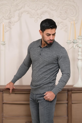 Woolen World Polo Yaka Slimfit Desenli Yünlü Erkek Triko Kazak Gri