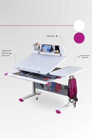 Vega Standart Yükseklik Ve Eğim Ayarlı, Modern Çekmeceli Bilgisayar, Ofis Ve Çalışma Masası Fuşya Gri