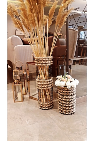 Egindra Trendev Metal Tel Hasır Örgülü Özel Tasarım Pampas Vazosu 25 Ve 50 Cm 2Li Set