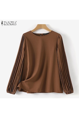 Kahverengi Zanzea Kadın Yuvarlak Yaka Uzun Kollu Basınç Plise Açık Damla Kravat Düğmesi Gevşek Düz Renk Bluz