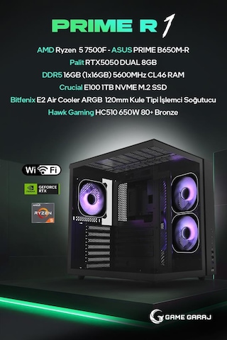 Game Garaj PRIME-R1 R5-7500F RTX5050 16 GB 1 TB SSD Free Dos Oem Paket Masaüstü Oyuncu Bilgisayarı