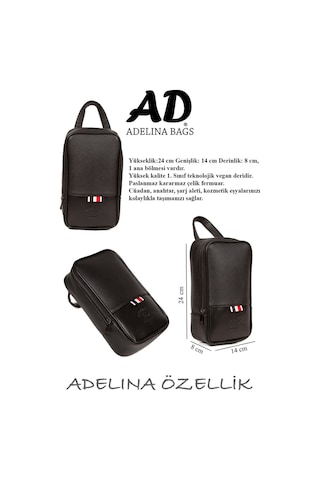 Adelina Erkek Siyah Vegan Deri Seyahat Kozmetik Portföy El Çanta