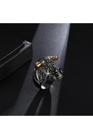 Boğa Yüzük Rhinestone Taşlı Black Bull Gold Horn 316L Paslanmaz Ç Bronz