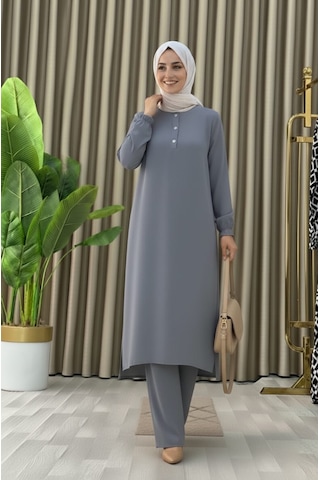 Tesettür İkili Takım Uzun Tunik Bol Paça Pantolon 4006-gri Gri