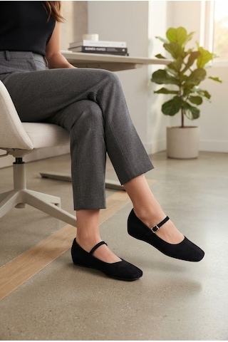 Shoetek Argus Kadın Babet Dolgu Topuklu Bantlı Tokalı Siyah Süet