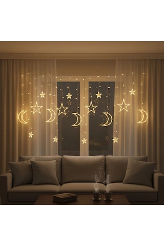 Ay Ve Yıldız Figürlü Kumandalı 12 Sarkıtlı 120 Led Dekor Işık Dekoratif Ortam Ve Masaüstü Aydınlat Çok Renkli