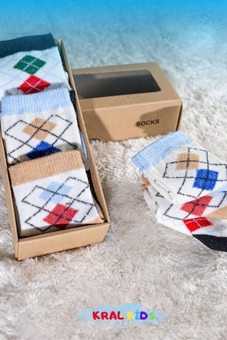 6 Çift Erkek Bebek Çorap Kutulu Patik Boy Desenli, Pamuklu Lacivert