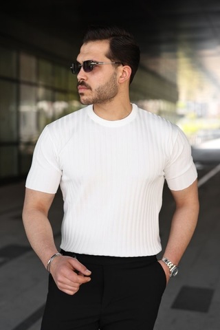 Erkek Fitilli Bisiklet Yaka Kısa Kollu Tişört 2xl Beyaz