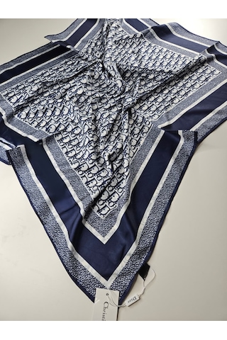 Miorel Scarfs Harf Tema Çift Taraflı Vual İpek Eşarp Silk Scarf Hijab Aksesuar Fular Lacivert