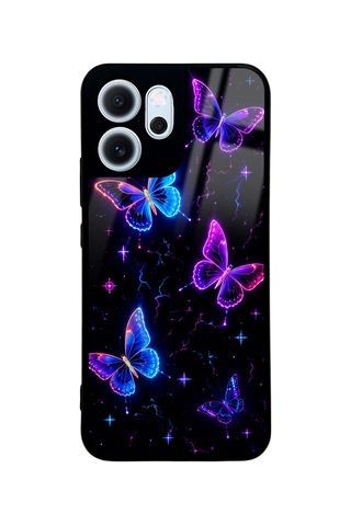 Oppo Reno 14f Neon Butterfly Dream Tasarımlı Glossy Telefon Kılıfı Mavi