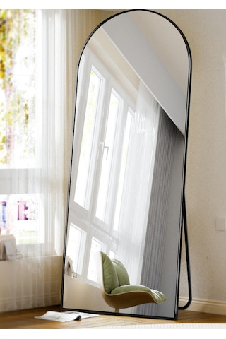 Zer 180x66 Kemerli Zemin Aynası,tam Boy Aynalı Duvar Aynası, Yatak Odası, Giyinme Odası İçin Standlı Siyah