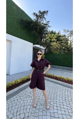 Yakalı Gömlek Kemerli Şortlu Takım - Bordo Bordo
