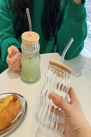 Bardak Kahve Kokteyl Sunum Bardağı 400ml 2li Sukabağı Latte Bardak Bambu Kapaklı İskandinav Cam Bambu
