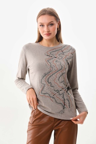 Sistas Kadın Desenli Bisiklet Yaka Uzun Kollu Bluz 23636 Keten Çok Renkli