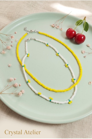 Crystal Atelier 2'li Sarı Kiraz Boncuk Kolye Seti El Yapımı Kum Boncuk Beyaz Sarı İkili Choker Kombini Sarı - Beyaz