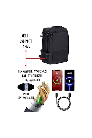 Körüklü Laptop Sırt ve Seyahat Çantası 15,6 İnç 40 Litre Usb Su Geçirmez Kumaş Siyah Dada 12