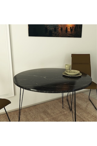 Pasific Home Sandalf Metal Ayaklı Yuvarlak Mutfak Masası Siyah Mermer