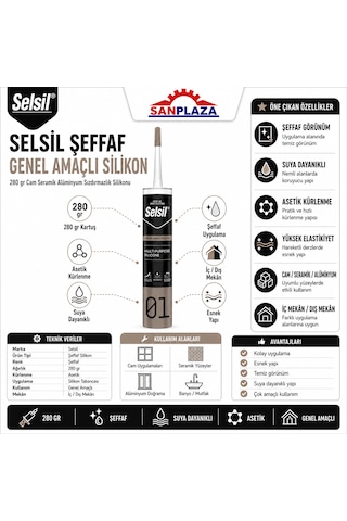 Selsil Şeffaf Genel Amaçlı Silikon 280 Gr Cam Pvc Seramik Banyo Mutfak Sızdırmazlık 25 Adet Koli