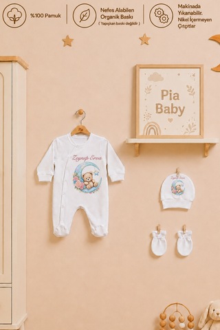 Pia Baby İsme Özel Kız Bebek Tulum %100 Pamuk Organik Baskılı İsimli Bebek Tulumu Ham Bez Kıyafet Kesesi Bebek Hediye Seti 1117tkyx Ekru