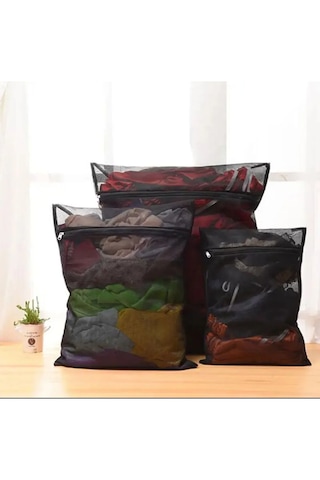 3 Adet Siyah Çamaşır Yıkama Filesi Fermuarlı Siyah