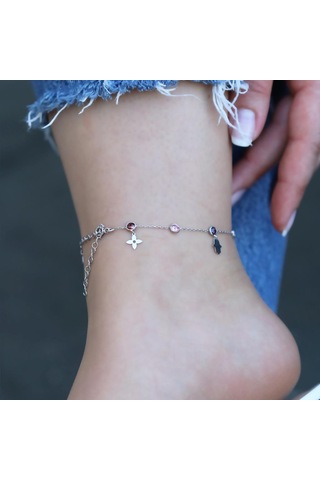 Renkli Zirkon Taşlı Figürlü Gümüş Halhal Gümüş