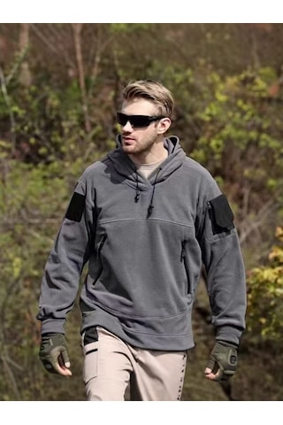 Erkek Sonbahar Ve Kış Dış Mekan Kapşonlu Polar Kazak Sweatshirt Koyu Gri