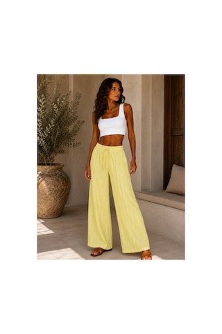 Hira Life Fashion Kadın Kumaşı Kabartma Detaylı Bol Paça Ve Önü Bağcıklı Salaş Burgu Şık Pantolon Sarı Sarı