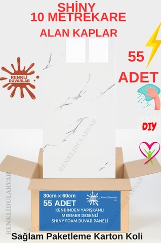 Cf-1035 10m2 55 Adet 30x60cm Yapışkanlı Mermer Desenli Karavan Banyo Wc Duvar Kaplama Paneli Beyaz