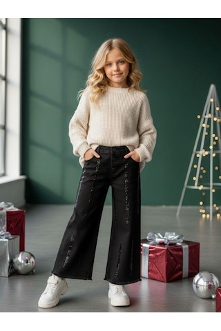 Zekids Kız Çocuk Yumuşak Dokulu Taş İşlemeli Geniş Paçalı Kot Pantolon-16478 Siyah