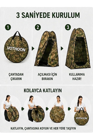 Otomatik Kabin Giyinme Çadırı 120x120x190 Cm Üst Havalandırma Yan Pencereli Duş & Wc Çadırı Kamuflaj