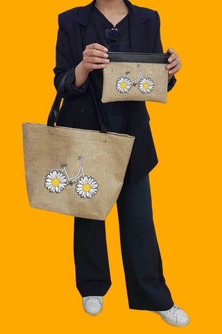 Papatya Baskılı Deri Saplı Hasır Kumaş Baskılı Plaj Çantası Açık Kahverengi