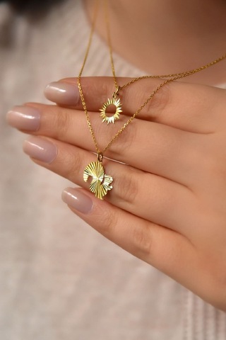 925 Ayar Gümüş Altın Kaplama Kristal Kesim Güneş ve Sincap Asansörlü Kolye