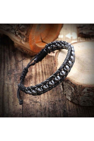 Yuvarlak Hematit Doğaltaş Erkek Bayan Makrome Bileklik