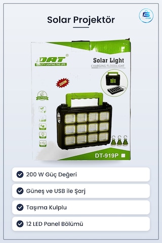 Solar Projektör 200 W Usb Şarjlı Güneş Enerjili Taşınabilir Led A