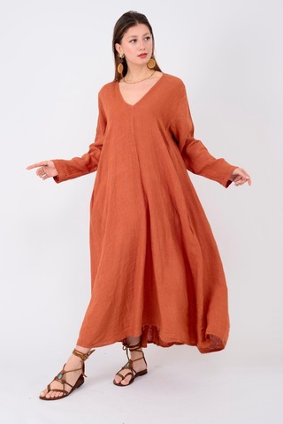 İtalyan V Yaka Uzun Kol Keten Elbise-8907 Tarçın