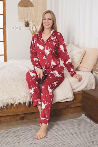 Lüks Saten Pijama Takımı Düğmeli, Cepli Ve Arabiyeli Kırmızı