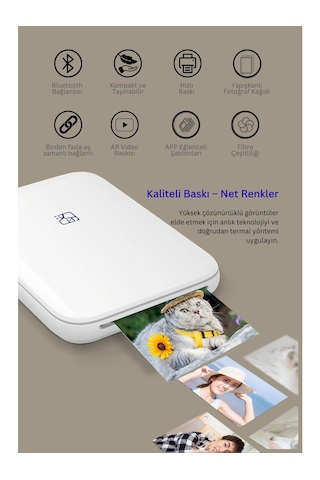 Dossimo Hanin Taşınabilir Kablosuz Mini Fotoğraf Yazıcı Bluetooth Anında Baskı 5 Adet Fotoğraf Kağıdı li Beyaz