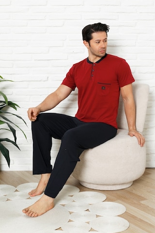 Enisena Erkek %100 Pamuklu Pijama Takımı-3 Düğmeli-yaka Cepli 12384 Bordo