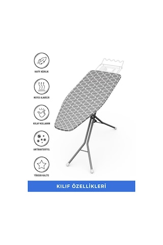 Ütü Masası Kılıfı Örtüsü Bezi, Gri Desenli Süngerli Ve Keçeli, Yanmaz, Ayarlanabilir 48x138 Cm