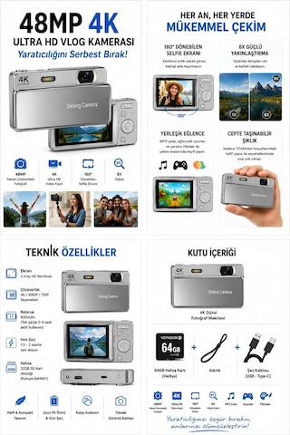 Dijital Kamera 4k Hd 48mp 8x Zoom Flaşlı Kayar Retro Video Kamera 2.4 Ekran 64gb Sd KartGümüş Najmaddin