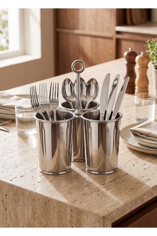 The Mia Krom 3 Bölmeli Kulplu Galvaniz Sunumluk 25 Cm Gümüş