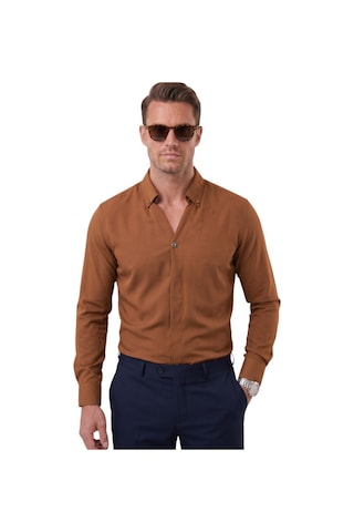 Deepsea Açık Kahve Slim Fit Kolay Ütülenebilir Açık Dik Yaka Likralı Erkek Gömlek 2602615 Açık Kahverengi