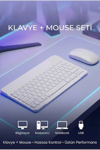 Kablosuz Bluetooth Klavye Ve Dongle Lı Mouse Seti Şarjlı Klavye Ve Fare Kombinasyonu Beyaz