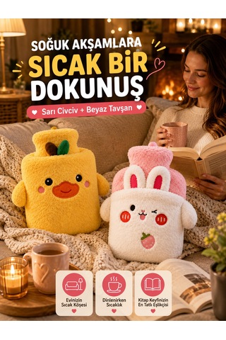 2'li Peluş Sıcak Su Torbası Seti Sarı Civciv Beyaz Tavşan Yumuşak Kılıflı Termofor Renkli