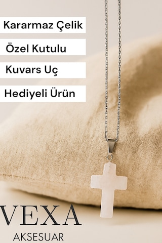 Kuvars Taşlı Haç Kolye - Kararmaz İthal Çelik Zincir - Özel Kutulu Hediyeli Gümüş