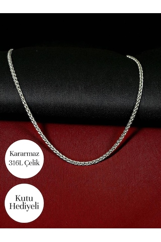 Yuvarlak Kral Model Çelik Kolye İthal Zincir 3mm Orta Kalınlıkta - Kutulu Gümüş
