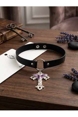 Kadın Gotik Haç Choker Kolye Siyah Deri Boyunluk, Taşlı Haç Kolye Ucu, Y2k Punk Gothic Kolye Mor