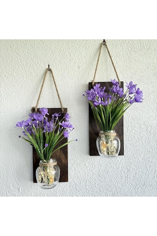 Led Işıklı, Lila Nergis Çiçekli Duvar Dekoru Ceviz İkili Set Ceviz