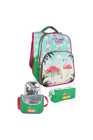 Lugmo Flamingo 3 Lü İlkokul Çanta Seti Kız Çocuk Çantası Astarlı Pedli Yeşil-pembe Yeşil