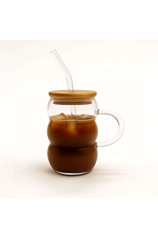 Bubble Kulplu Borosilikat Cam Bardak Isıya Dayanıklı 600 Ml - Bambu Kapaklı Şeffaf